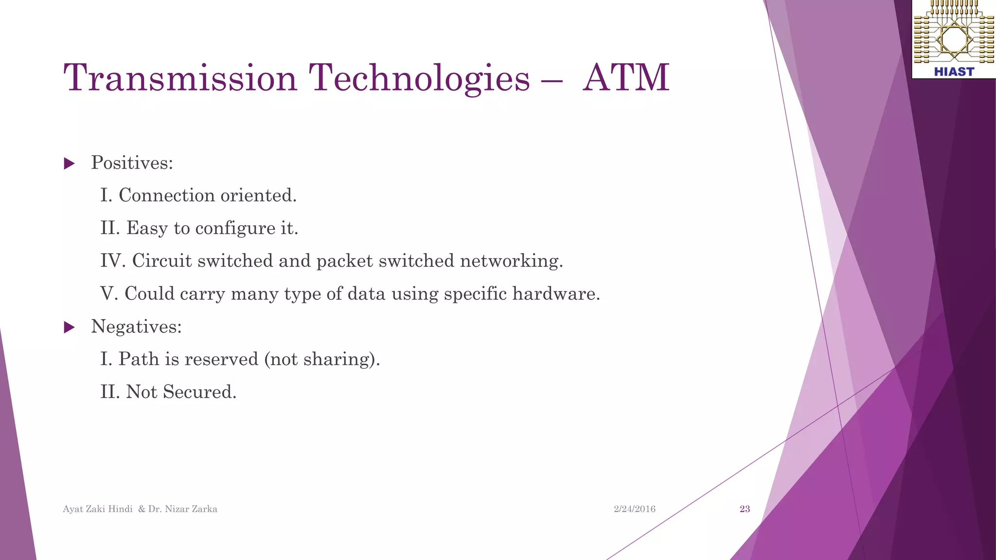 Transmission Technologies – ATM
 Positives:
I. Connection oriented.
II. Easy to configure it.
IV. Circuit switched and packet switched networking.
V. Could carry many type of data using specific hardware.
 Negatives:
I. Path is reserved (not sharing).
II. Not Secured.
23
Ayat Zaki Hindi & Dr. Nizar Zarka 2/24/2016
 