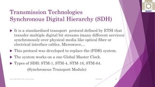 Transmission Technologies
Synchronous Digital Hierarchy (SDH)
 It is a standardized transport protocol defined by ETSI that
transfer multiple digital bit streams (many different services)
synchronously over physical media like optical fiber or
electrical interface cables, Microwave,...
 This protocol was developed to replace the (PDH) system.
 The system works on a one Global Master Clock.
 Types of SDH: STM-1, STM-4, STM-16, STM-64.
(Synchronous Transport Module)
14
Ayat Zaki Hindi & Dr. Nizar Zarka 2/24/2016
 