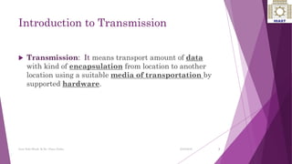 Introduction to Transmission
 Transmission: It means transport amount of data
with kind of encapsulation from location to another
location using a suitable media of transportation by
supported hardware.
3
Ayat Zaki Hindi & Dr. Nizar Zarka 2/24/2016
 