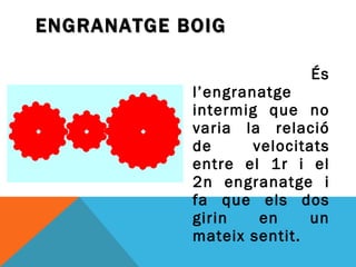 És l’engranatge intermig que no varia la relació de velocitats entre el 1r i el 2n engranatge i fa que els dos girin en un mateix sentit. ENGRANATGE BOIG 