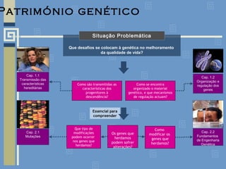Que desafios se colocam à genética no melhoramento
da qualidade de vida?
Situação Problemática
Como se encontra
organizado o material
genético, e que mecanismos
de regulação actuam?
Como são transmitidas as
características dos
progenitores à
descendência?
Como
modificar os
genes que
herdamos?
Cap. 2.2
Fundamentos
de Engenharia
Genética
Cap. 1.2
Organização e
regulação dos
genes
Cap. 1.1
Transmissão das
características
hereditárias
Que tipo de
modificações
podem ocorrer
nos genes que
herdamos?
Cap. 2.1
Mutações
Património genético
Os genes que
herdamos
podem sofrer
alterações?
Essencial para
compreender
 