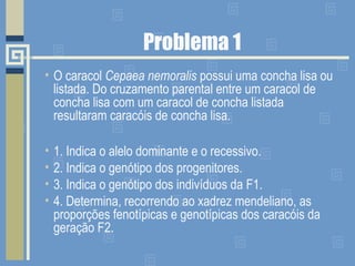 Problema 1
• O caracol Cepaea nemoralis possui uma concha lisa ou
listada. Do cruzamento parental entre um caracol de
concha lisa com um caracol de concha listada
resultaram caracóis de concha lisa.
• 1. Indica o alelo dominante e o recessivo.
• 2. Indica o genótipo dos progenitores.
• 3. Indica o genótipo dos indivíduos da F1.
• 4. Determina, recorrendo ao xadrez mendeliano, as
proporções fenotípicas e genotípicas dos caracóis da
geração F2.
 