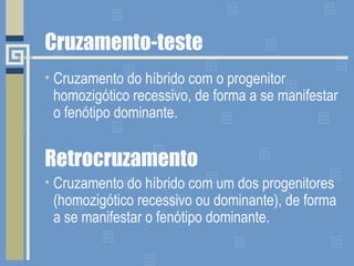 Cruzamento-teste
• Cruzamento do híbrido com o progenitor
homozigótico recessivo, de forma a se manifestar
o fenótipo dominante.
Retrocruzamento
• Cruzamento do híbrido com um dos progenitores
(homozigótico recessivo ou dominante), de forma
a se manifestar o fenótipo dominante.
 