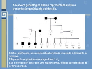 1.A árvore genealógica abaixo representada ilustra a
transmissão genética da polidactilia.
1.Refira, justificando, se a característica hereditária em estudo é dominante ou
recessiva.
2.Represente os genótipos dos progenitores I1
e I2
.
3.Se o indivíduo III1 casar com uma mulher normal, indique a probabilidade de
ter filhos normais.
 
