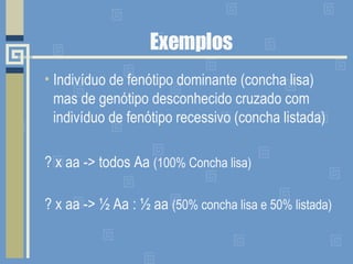 Exemplos Indivíduo de fenótipo dominante (concha lisa) mas de genótipo desconhecido cruzado com indivíduo de fenótipo recessivo (concha listada) ? x aa -> todos Aa  (100% Concha lisa) ? x aa -> ½ Aa : ½ aa  (50% concha lisa e 50% listada) 