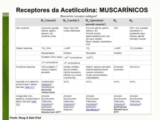 Receptores da Acetilcolina: MUSCARÍNICOS Fonte: Rang & Dale 6ªed 