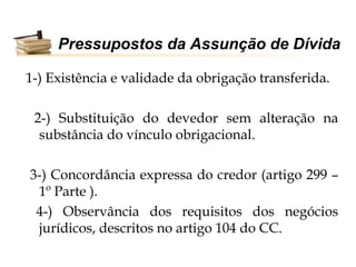 Pressupostos da Assunção de Dívida

1-) Existência e validade da obrigação transferida.

 2-) Substituição do devedor sem alteração na
  substância do vínculo obrigacional.

3-) Concordância expressa do credor (artigo 299 –
 1º Parte ).
 4-) Observância dos requisitos dos negócios
 jurídicos, descritos no artigo 104 do CC.
 