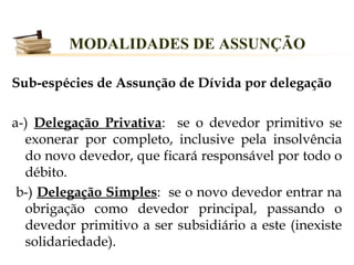 MODALIDADES DE ASSUNÇÃO

Sub-espécies de Assunção de Dívida por delegação

a-) Delegação Privativa: se o devedor primitivo se
  exonerar por completo, inclusive pela insolvência
  do novo devedor, que ficará responsável por todo o
  débito.
 b-) Delegação Simples: se o novo devedor entrar na
  obrigação como devedor principal, passando o
  devedor primitivo a ser subsidiário a este (inexiste
  solidariedade).
 