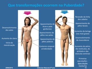 O que é a puberdade?Alterações físicas e psicológicas que acontecem na vida dos rapazes e raparigas, e que marcam o início de uma etapa muito importante: a adolescência. 2009/201011Ciências Naturais 9º ano             