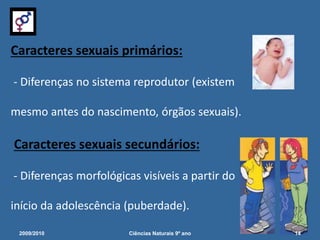 Caracteres sexuais primários:
- Diferenças no sistema reprodutor (existem
mesmo antes do nascimento, órgãos sexuais).
Caracteres sexuais secundários:
- Diferenças morfológicas visíveis a partir do
início da adolescência (puberdade).
2009/2010 14Ciências Naturais 9º ano
 