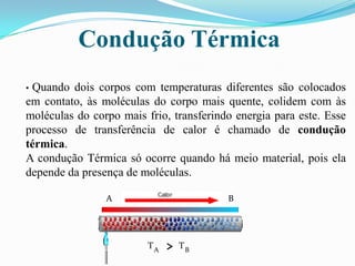 Condução Térmica• Quando dois corpos com temperaturas diferentes são colocados em contato, às moléculas do corpo mais quente, colidem com às moléculas do corpo mais frio, transferindo energia para este. Esse processo de transferência de calor é chamado de condução térmica.A condução Térmica só ocorre quando há meio material, pois ela depende da presença de moléculas.^TTABAB