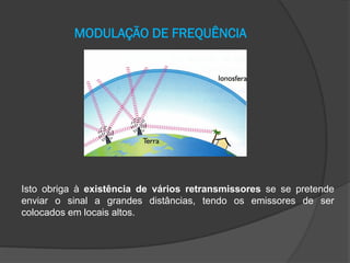 MODULAÇÃO DE FREQUÊNCIA

Isto obriga à existência de vários retransmissores se se pretende
enviar o sinal a grandes distâncias, tendo os emissores de ser
colocados em locais altos.

 