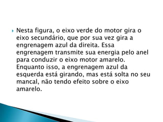    Nesta figura, o eixo verde do motor gira o
    eixo secundário, que por sua vez gira a
    engrenagem azul da direita. Essa
    engrenagem transmite sua energia pelo anel
    para conduzir o eixo motor amarelo.
    Enquanto isso, a engrenagem azul da
    esquerda está girando, mas está solta no seu
    mancal, não tendo efeito sobre o eixo
    amarelo.
 