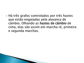    Há três grafos controlados por três hastes
    que estão engatadas pela alavanca de
    câmbio. Olhando as hastes de câmbio de
    cima, elas são assim em marcha ré, primeira
    e segunda marchas.
 
