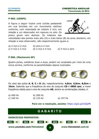 www.youtube.com/fisicatotal www.fisicatotal.com.br9
CINEMÁTICA ANGULAR
Transmissão de MCU
no instagram
@fisicatotal
P 005. (UESPI)
A figura a seguir ilustra uma ciclista pedalando
em sua bicicleta em um movimento retilíneo
uniforme, com velocidade de módulo 2 m/s, em
relação a um observador em repouso no solo. Os
pneus giram sem deslizar. Os módulos das
velocidades dos pontos mais alto (A) e mais baixo (B) do pneu dianteiro, em
relação a esse observador, são respectivamente iguais a:
a) 2 m/s e 2 m/s b) zero e 2 m/s
c) 4 m/s e 2 m/s d) 2 m/s e 4 m/s e) 4 m/s e zero
P 006. (Mackenzie SP)
Quatro polias, solidárias duas a duas, podem ser acopladas por meio de uma
única correia, conforme as possibilidades abaixo ilustradas.
Os raios das polias A, B, C e D são, respectivamente, 4,0cm, 6,0cm, 8,0cm e
10cm. Sabendo que a freqüência do eixo do conjunto CD é 4800 rpm, a maior
freqüência obtida para o eixo do conjunto AB, dentre as combinações citadas, é:
a) 400 Hz b) 200 Hz
c) 160 Hz d) 133 Hz e) 107 Hz
Para ver a resolução, assista: https://goo.gl/cGQzfR
G A B A R I T O
EXERCÍCIOS PROPOSTOS:
001 C 002 B 003 B 004 A 005 E 006 B
 