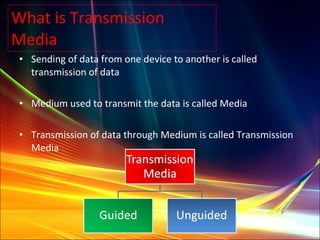 What is Transmission Media Sending of data from one device to another is called transmission of data Medium used to transmit the data is called Media Transmission of data through Medium is called Transmission Media 
