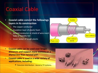 Coaxial Cable Coaxial cable consist the followings layers in its construction The copper conductor Insulation layer of plastic foam Second conductor or shield of wire mesh tube or metallic foil Outer jacket of tough plastic Coaxial cable can be used over longer distances and support more stations on a shared line than twisted pair. Coaxial cable is used in a wide variety of applications, including: •  Television distribution - Aerial to TV systems. 