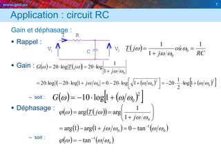 www.geii.eu 7
   
    2
0
2
00
0
1log
2
1
201log2001log201log.20
1
1
log20log20
wwwwww
ww
ww




 


j
j
jTG
1 2V V
R
C
I
Application : circuit RC
Gain et déphasage :
 Rappel :
 Gain :
– soit :
 Déphasage :
– soit :
7
 
RC
où
j
jT
1
1
1
0
0


 w
ww
w
    
     0
1
0
0
tan01arg1arg
1
1
argarg
wwww
ww
wwj










j
j
jT
   0
1
tan wwwj 

    2
01log10 www G
 