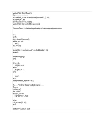 ylabel('bf Gold Code');
%.........................
spreaded_pulse = rectpulse(spread(1,:),10);
subplot(3,1,3);
stem(spreaded_pulse);
ylabel('bf Spreaded Sequence')
%-------Demodulation to get original message signal---------
i=1;
k=1;
los= length(spread);
while k < los
s=0;
for j=1:15
temp(1,j) = xor(spread(1,k),Goldcode(1,j));
k=k+1;
s=s+temp(1,j);
end
if(s==0)
b2(1,i) = 0;
else
b2(1,i) = 1;
end
i=i+1;
end
despreaded_signal = b2;
%-----Plotting Despreaded signal------
figure
pattern=[];
for k=1:8
if b2(1,k)==0
sig=zeros(1,10);
else
sig=ones(1,10);
end
pattern=[pattern sig]
 
