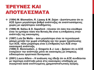 ΈΡΕΥΝΕΣ ΚΑΙ 
ΑΠΟΤΕΛΈΣΜΑΤΑ 
 (1994) M. Blomstöm, R. Lipsey & M. Zejan - Διαπίστωσαν ότι οι 
ΑΞΕ έχουν μεγαλύτερο βαθμό ανάπτυξης σε αναπτυσσόμενες 
χώρες με υψηλότερου εισοδήματος. 
 (1996) M. Salisu & D. Sapsford - τόνισαν ότι όσο πιο ελεύθερο 
είναι το εμπόριο τόσο πιο θετικές θα είναι η επιδράσεις στην 
ανάπτυξη της οικονομίας. 
 (1997) Luiz De Mello - όσο μεγαλύτερο είναι το τεχνολογικό 
χάσμα μεταξύ την χωρά υποδοχής και την χώρα προέλευσης 
των ΑΞΕ, τόσο μικρότερη είναι η επίδραση των ΑΞΕ στην 
οικονομική ανάπτυξη. 
(1998) E. Borensztein, J. Gregorio & J. Lee – βρήκαν ότι οι ΑΞΕ 
ενισχύουν την ανάπτυξη μόνο σε οικονομίες με επαρκώς 
ειδικευμένου εργατικού δυναμικού. 
 (2001) Laura Alfaro – Η ανάλυση της έδειξε ότι οι ΑΞΕ συνδέονται 
με ταχύτερη ανάπτυξη μόνο στις οικονομίες υποδοχής με 
συγκριτικά καλά ανεπτυγμένες χρηματοπιστωτικές αγορές. 
 