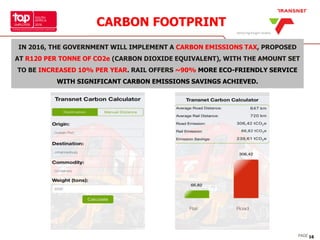 PAGE 16
CARBON FOOTPRINT
IN 2016, THE GOVERNMENT WILL IMPLEMENT A CARBON EMISSIONS TAX, PROPOSED
AT R120 PER TONNE OF CO2e (CARBON DIOXIDE EQUIVALENT), WITH THE AMOUNT SET
TO BE INCREASED 10% PER YEAR. RAIL OFFERS ~90% MORE ECO-FRIENDLY SERVICE
WITH SIGNIFICANT CARBON EMISSIONS SAVINGS ACHIEVED.
 