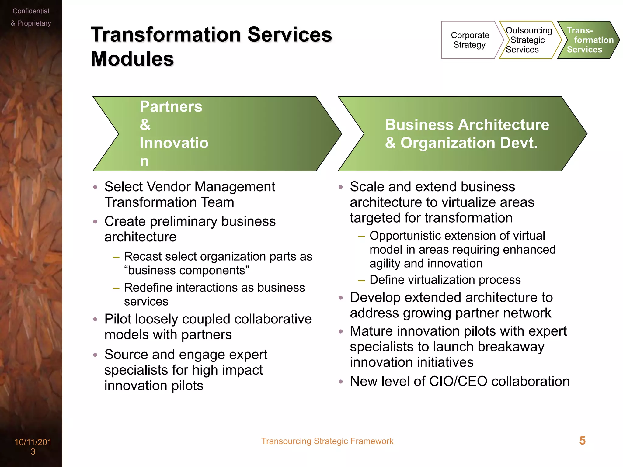 Transourcing Strategic Framework10/11/201
3
Confidential
& Proprietary
5
Transformation Services
Modules
• Select Vendor Management
Transformation Team
• Create preliminary business
architecture
– Recast select organization parts as
“business components”
– Redefine interactions as business
services
• Pilot loosely coupled collaborative
models with partners
• Source and engage expert
specialists for high impact
innovation pilots
• Scale and extend business
architecture to virtualize areas
targeted for transformation
– Opportunistic extension of virtual
model in areas requiring enhanced
agility and innovation
– Define virtualization process
• Develop extended architecture to
address growing partner network
• Mature innovation pilots with expert
specialists to launch breakaway
innovation initiatives
• New level of CIO/CEO collaboration
Business Architecture
& Organization Devt.
Partners
&
Innovatio
n
Corporate
Strategy
Outsourcing
Strategic
Services
Trans-
formation
Services
 