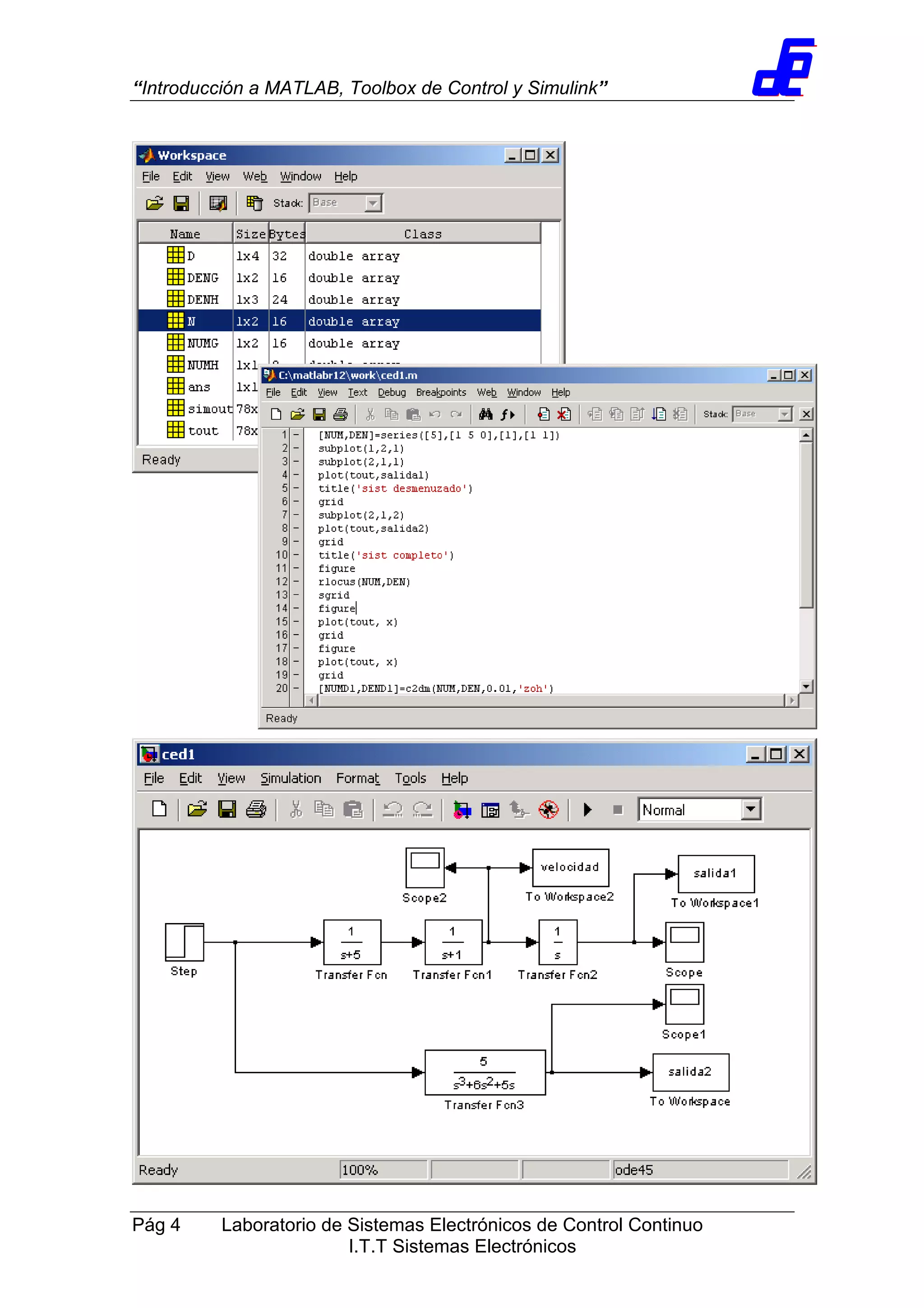 “Introducción a MATLAB, Toolbox de Control y Simulink”
Pág 4 Laboratorio de Sistemas Electrónicos de Control Continuo
I.T.T Sistemas Electrónicos
 
