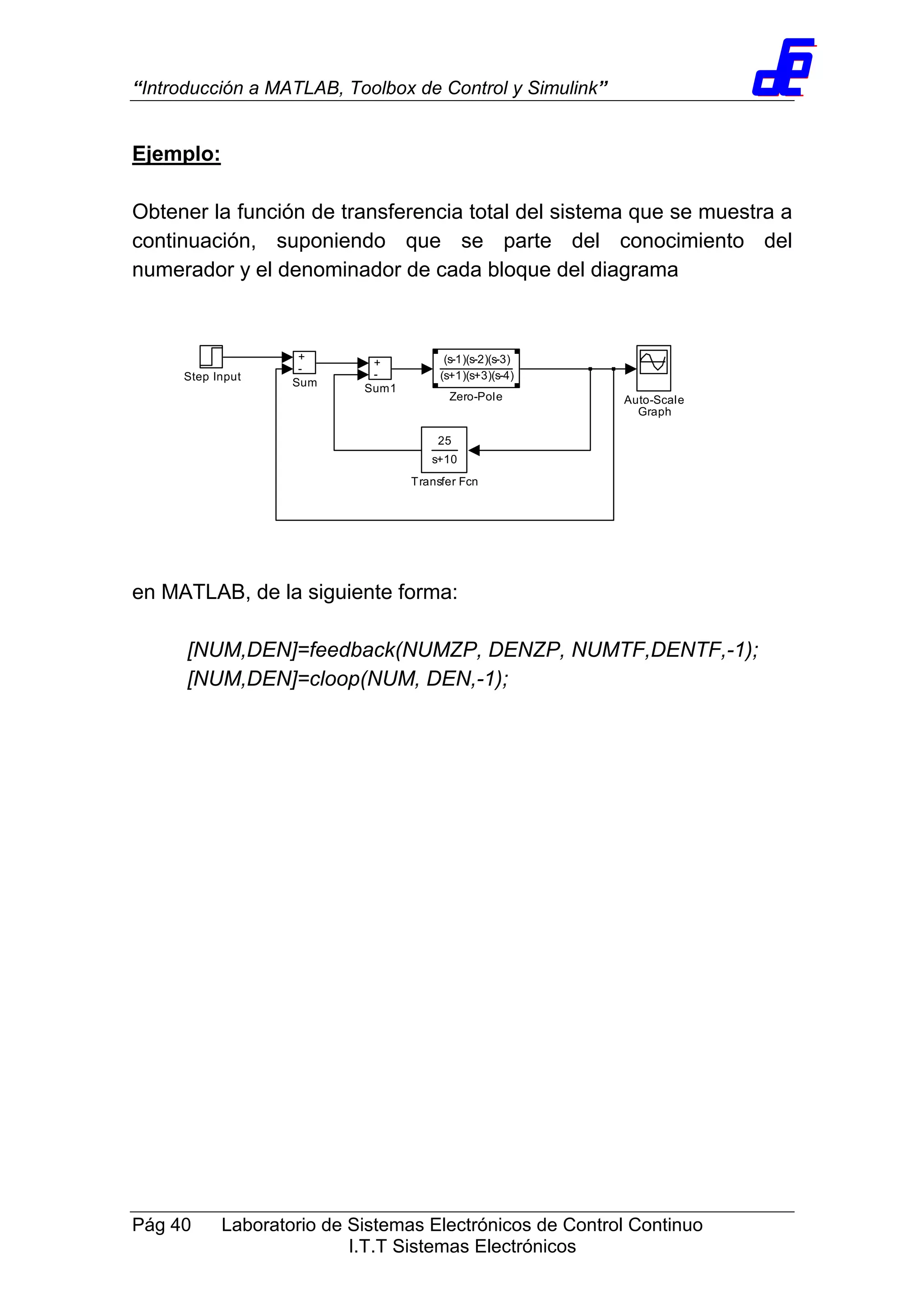 “Introducción a MATLAB, Toolbox de Control y Simulink”
Pág 40 Laboratorio de Sistemas Electrónicos de Control Continuo
I.T.T Sistemas Electrónicos
Ejemplo:
Obtener la función de transferencia total del sistema que se muestra a
continuación, suponiendo que se parte del conocimiento del
numerador y el denominador de cada bloque del diagrama
en MATLAB, de la siguiente forma:
[NUM,DEN]=feedback(NUMZP, DENZP, NUMTF,DENTF,-1);
[NUM,DEN]=cloop(NUM, DEN,-1);
Step Input
+
-
Sum
+
-
Sum1
25
s+10
Transfer Fcn
(s-1)(s-2)(s-3)
(s+1)(s+3)(s-4)
Zero-Pole Auto-Scale
Graph
 