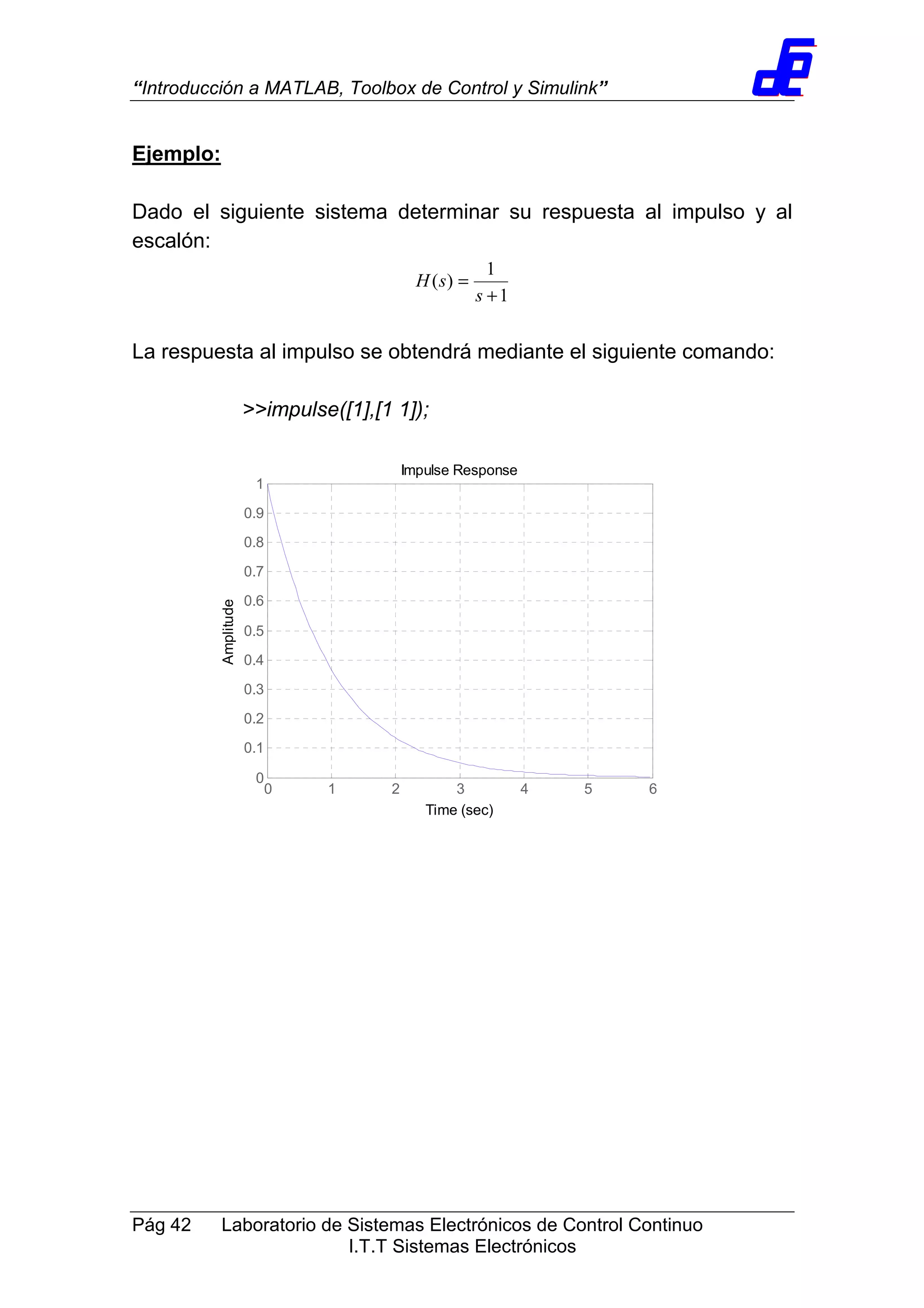 “Introducción a MATLAB, Toolbox de Control y Simulink”
Pág 42 Laboratorio de Sistemas Electrónicos de Control Continuo
I.T.T Sistemas Electrónicos
Ejemplo:
Dado el siguiente sistema determinar su respuesta al impulso y al
escalón:
1
1
)(
+
=
s
sH
La respuesta al impulso se obtendrá mediante el siguiente comando:
>>impulse([1],[1 1]);
Impulse Response
Time (sec)
Amplitude
0 1 2 3 4 5 6
0
0.1
0.2
0.3
0.4
0.5
0.6
0.7
0.8
0.9
1
 