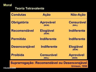 Moral
           Teoria Tetravalente
       Condutas              Ação         Não-Ação

       Obrigatória         Aprovável     Censurável
                             (BEM)         (MAL)


       Recomendável        Elogiável     Indiferente
                             (BEM)


       Permitida           Indiferente   Indiferente

       Desencorajável      Indiferente   Elogiável
                                           (BEM)


       Proibida            Censurável    Aprovável
                             (MAL)         (BEM)

      Suprarrogação: Recomendável ou Desencorajável
                                          Urmson, 1958
©Goldim/2008
 
