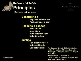 Referencial Teórico                                               Outro


           Princípios                                              Deveres           Direitos

                                                                             Indivíduo
               Deveres prima facie

                     Beneficência
                            Negativa: evitar o Mal
                            Positiva: fazer o Bem

                     Respeito à pessoa
                            Privacidade
                            Veracidade
                            Auto-determinação
                            Voluntariedade

                     Justiça
                            Não-discriminação
                            Vulnerabilidade
                            Controle Social  The Belmont Report: Ethical Guidelines
                                                for the Protection of Human Subjects.
                                                Washington: DHEW Publications (OS) 78-
                                                0012, 1978
                                                Beauchamp TL, Childress JF.
©Goldim/2008                                    The Principles of biomedical ethics. 4ed.
                                                New York: Oxford, 1978.
 