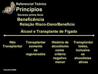 Referencial Teórico
           Princípios
               Deveres prima facie
               Beneficência
                Relação Risco-Dano/Benefício
                 Álcool e Transplante de Fígado

    Não              Transplantar    História de   Transplantar
Transplantar           somente       alcoolismo       todos,
                          os            como        inclusive
                     regenerados       critério         os
                                      negativo     alcoolistas
                                       menor          ativos

©Goldim/2008
 