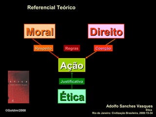 Referencial Teórico




           Moral                             Direito
                  Respeito     Regras          Coerção



                             Ação
                             Justificativa



                             Ética
                                                        Adolfo Sanches Vasques
©Goldim/2008                                                                              Ética
                                             Rio de Janeiro: Civilização Brasileira, 2000:15-34
 