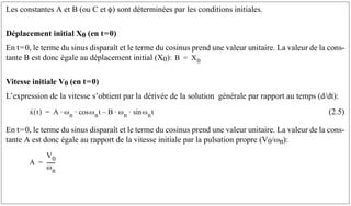 Les constantes A et B (ou C et φ) sont déterminées par les conditions initiales.
Déplacement initial X0 (en t=0)
En t=0, le terme du sinus disparaît et le terme du cosinus prend une valeur unitaire. La valeur de la cons-
tante B est donc égale au déplacement initial (X0):
Vitesse initiale V0 (en t=0)
L’expression de la vitesse s’obtient par la dérivée de la solution générale par rapport au temps (d/dt):
(2.5)
En t=0, le terme du sinus disparaît et le terme du cosinus prend une valeur unitaire. La valeur de la cons-
tante A est donc égale au rapport de la vitesse initiale par la pulsation propre (V0/ωn):
B X0
=
x
· t
( ) A ωn ωnt
cos
⋅ ⋅ B
– ωn ωnt
sin
⋅ ⋅
=
A
V0
ωn
------
-
=
 