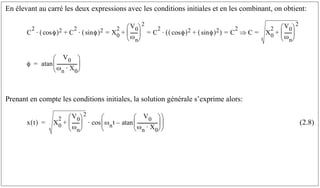 En élevant au carré les deux expressions avec les conditions initiales et en les combinant, on obtient:
Prenant en compte les conditions initiales, la solution générale s’exprime alors:
(2.8)
C
2
φ
cos
( )2
⋅ C
2
φ
sin
( )2
⋅
+ X0
2 V0
ωn
------
-
⎝ ⎠
⎜ ⎟
⎛ ⎞2
+ C
2
φ
cos
( )2 φ
sin
( )2
+
( )
⋅ C
2
= = = C X0
2 V0
ωn
------
-
⎝ ⎠
⎜ ⎟
⎛ ⎞2
+
=
⇒
φ
V0
ωn X0
⋅
-----------------
-
⎝ ⎠
⎜ ⎟
⎛ ⎞
atan
=
x t
( ) X0
2 V0
ωn
------
-
⎝ ⎠
⎜ ⎟
⎛ ⎞2
+ ωnt
V0
ωn X0
⋅
-----------------
-
⎝ ⎠
⎜ ⎟
⎛ ⎞
atan
–
⎝ ⎠
⎜ ⎟
⎛ ⎞
cos
⋅
=
 