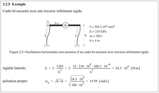 2.2.5 Exemple
Cadre bi-encastré avec une traverse infiniment rigide.
rigidité latérale:
pulsation propre:
Figure 2.5: Oscillations horizontales non amorties d’un cadre bi-encastré avec traverse infiniment rigide.
I = 308.2·106 mm4
E = 210 GPa
m = 100 t
h = 4 m
x
I
I I
m
h
k 2
12EI
h
3
-----------
-
⋅ 2
12 210 10
9
308.2 10
6
–
⋅ ⋅ ⋅ ⋅
4
3
------------------------------------------------------------------
-
⋅ 24.3 10
6
N/m
[ ]
⋅
= = =
ωn k m
⁄
24.3 10
6
⋅
100 10
3
⋅
----------------------- 15.59 rad/s
[ ]
= = =
 