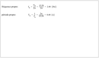 fréquence propre:
période propre:
fn
ωn
2π
------
15.59
2π
------------
- 2.48 Hz
[ ]
= = =
Tn
1
fn
---
-
2π
15.59
------------
- 0.40 s
[ ]
= = =
 