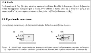 1.2.4 Unités
En dynamique, il faut faire très attention aux unités utilisées. En effet, la fréquence dépend de la racine
carrée du rapport de la rigidité par la masse. Pour obtenir la bonne unité de la fréquence [s-1], il est
recommandé d’exprimer systématiquement la rigidité en [N/m] et la masse en [kg].
1.3 Equation du mouvement
L’équation du mouvement est directement déduite de la deuxième loi de Newton.
Figure 1.6: L’équation du mouvement selon Newton ne fait intervenir que les forces externes agissant sur la masse
(a). Le principe de d’Alembert consiste à ajouter la force d’inertie pour exprimer un équilibre dynamique (b).
m
k·x(t)
x(t)
c·x(t)
.
m
k·x(t)
x(t)
c·x(t)
. m·x(t)
..
a) b)
 