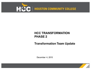 HOUSTON COMMUNITY COLLEGE
HCC TRANSFORMATION
PHASE 2
Transformation Team Update
December 4, 2015
 