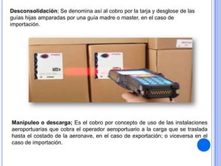 Desconsolidación; Se denomina así al cobro por la tarja y desglose de las
guías hijas amparadas por una guía madre o master, en el caso de
importación.

Manipuleo o descarga; Es el cobro por concepto de uso de las instalaciones
aeroportuarias que cobra el operador aeroportuario a la carga que se traslada
hasta el costado de la aeronave, en el caso de exportación; o viceversa en el
caso de importación.

 