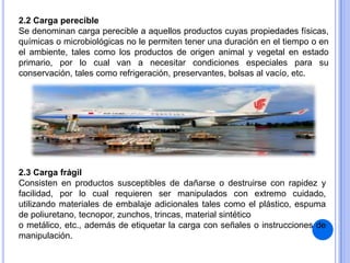 2.2 Carga perecible
Se denominan carga perecible a aquellos productos cuyas propiedades físicas,
químicas o microbiológicas no le permiten tener una duración en el tiempo o en
el ambiente, tales como los productos de origen animal y vegetal en estado
primario, por lo cual van a necesitar condiciones especiales para su
conservación, tales como refrigeración, preservantes, bolsas al vacío, etc.

2.3 Carga frágil
Consisten en productos susceptibles de dañarse o destruirse con rapidez y
facilidad, por lo cual requieren ser manipulados con extremo cuidado,
utilizando materiales de embalaje adicionales tales como el plástico, espuma
de poliuretano, tecnopor, zunchos, trincas, material sintético
o metálico, etc., además de etiquetar la carga con señales o instrucciones de
manipulación.

 