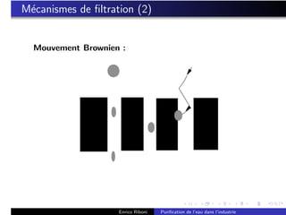 M´canismes de ﬁltration (2)
 e
                  Mécanismes de filtration (2)
                             Mouvement Brownien
  Mouvement Brownien :




                                                                                           L' écoulemen
                                                                                           normalement
                                                                                           turbulent dans
                                                                                           filtre




      Traitement de l' eau                    ozone.ch, 2017 Boudry, http://www.ozone.ch               E.




                              Enrico Riboni       Puriﬁcation de l’eau dans l’industrie
 