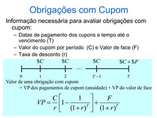 Obrigações com Cupom
Informação necessária para avaliar obrigações com
cupom:
– Datas de pagamento dos cupons e tempo até o
vencimento (T)
– Valor do cupom por período (C) e Valor de face (F)
– Taxa de desconto (r)
T
T
r
F
r
r
C
VP
)
1
(
)
1
(
1
1











Valor de uma obrigação com cupom
= VP dos pagamentos de cupom (anuidade) + VP do valor de face

0
C
$
1
C
$
2
C
$
1

T
F
C $
$ 
T
 