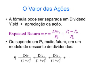 O Valor das Ações
• A fórmula pode ser separada em Dividend
Yield + apreciação da ação.
• Ou supondo um P1 muito futuro, em um
modelo de desconto de dividendos:
Expected Return   

r
Div
P
P P
P
1
0
1 0
0
r
r
r
P
)
1
(
Div
)
1
(
Div
)
1
(
Div
3
3
2
2
1
1
0






 
 