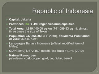    Capital: Jakarta
   Provinces: 33  490 regencies/municipalities
   Total Area: 1,919,440.00 sq km (741,099.93 sq mi, almost
    three times the size of Texas)
   Population 237.556.363 (PS 2010), Estimated Population
    in 2050: 337,807,011
   Languages Bahasa Indonesia (official, modified form of
    Malay)
   GDP (2010) $ 672,450 million, Tax Ratio 11,9 % (2010)
   Natural Resources
    petroleum, coal, copper, gold, tin, nickel, bauxit



                                                               3
 