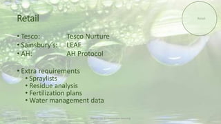 Retail
• Tesco: Tesco Nurture
• Sainsbury’s: LEAF
• AH: AH Protocol
• Extra requirements
• Spraylists
• Residue analysis
• Fertilization plans
• Water management data
2-6-2015
Retail
Martijn van Es-Sustainable Sourcing
 
