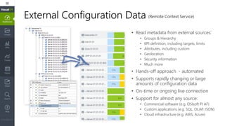 External Configuration Data
• Read metadata from external sources:
• Groups & Hierarchy
• KPI definition, including targets, limits
• Attributes, including custom
• Geolocation
• Security information
• Much more
• Hands-off approach - automated
• Supports rapidly changing or large
amounts of configuration data
• On-time or ongoing live connection
• Support for almost any source:
• Commercial software (e.g. OSIsoft PI AF)
• Custom applications (e.g. SQL, OLAP, JSON)
• Cloud infrastructure (e.g. AWS, Azure)
(Remote Context Service)
 