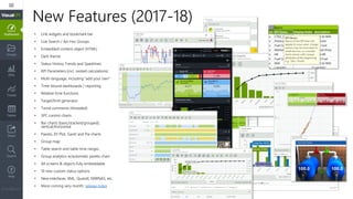 New Features (2017-18)
• Link widgets and bookmark bar
• Live Search / Ad-Hoc Groups
• Embedded content object (HTML)
• Dark theme
• Status History Trends and Sparklines
• KPI Parameters (incl. nested calculations)
• Multi-language, including “add your own”
• Time-bound dashboards / reporting
• Relative time functions
• Target/limit generator
• Trend comments (threaded)
• SPC control charts
• Bar charts (basic/stacked/grouped);
vertical/horizontal
• Pareto, XY Plot, Gantt and Pie charts
• Group map
• Table search and table time ranges
• Group analytics w/automatic pareto chart
• All screens & objects fully embeddable
• 10 new custom status options
• New interfaces: XML, Quandl, NIWNAS, etc.
• More coming very month: release notes
 