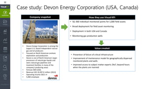 Case study: Devon Energy Corporation (USA, Canada)
Company snapshot How they use Visual KPI
Value created
• Devon Energy Corporation is among the
largest U.S.-based independent natural
gas and oil producers
• Focused on North American onshore
exploration and production
• Devon is one of North America’s larger
processors of natural gas liquids and
owns natural gas pipelines and
treatment facilities in many of the
company’s producing areas
• Fortune 500 (USA)
• Revenue US$ 10,397.0 million (2013)
• Operating income $621 m
• 5,900 employee
• Prevention of failure of critical infrastructure
• Improvement of maintenance model for geographically dispersed
monitored plants and wells
• Improved access to subject matter experts 24x7, beyond hours
when the plants are manned
• 50, 000 individual monitored points for 1,000 field assets
• Broad deployment for field asset monitoring
• Deployment in both USA and Canada
• Monitoring gas production wells
 
