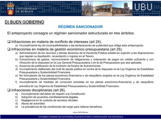 D) BUEN GOBIERNO
                                           RÉGIMEN SANCIONADOR
 El anteproyecto consagra un régimen sancionador estructurado en tres ámbitos:

  Infracciones en materia de conflicto de intereses (art 24).
      a) Incumplimiento ley de incompatibilidades o las declaraciones de publicidad que obliga esta anteproyecto.
  Infracciones en materia de gestión económico presupuestaria (art 25).
      a) Administración de los recursos y demás derechos de la Hacienda Pública estatal sin sujeción a las disposiciones
         que regulan su liquidación, recaudación o ingreso en el Tesoro.
      b) Compromisos de gastos, reconocimiento de obligaciones y ordenación de pagos sin crédito suficiente o con
         infracción de lo dispuesto en la Ley General Presupuestaria o en la de Presupuestos que sea aplicable.
      c) Ausencia de justificación de la inversión de fondos de Subvenciones.
      d) Incumplimiento deliberado del nivel de deuda pública en contra de lo dispuesto en la Ley Orgánica de Estabilidad
         Presupuestaria y Sostenibilidad Financiera.
      e) No formulación de los planes económico financieros o de reequilibrio exigidos en la Ley Orgánica de Estabilidad
         Presupuestaria y Sostenibilidad Financiera.
      f) Incumplimiento de medidas de corrección previstas en los planes económico-financieros y de reequilibrio
           previstos la Ley Orgánica de Estabilidad Presupuestaria y Sostenibilidad Financiera.
  Infracciones disciplinarias (art 26).
      a)    Incumplimiento del deber de respeto a la Constitución.
      b)    Adopción de acuerdos manifiestamente ilegales.
      c)    Negligencia en la custodia de secretos oficiales.
      d)    Abuso de autoridad.
      e)    La prevalencia de las condiciones del cargo para obtener beneficios.
                                                       Javier Peña Alonso

                          VICERRECTORADO DE ECONOMÍA, PLANIFICACIÓN E INNOVACIÓN TECNOLÓGICA
 